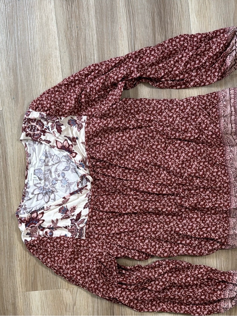 Boho Floral Burgundy Long-Sleeve Peasant Tunic